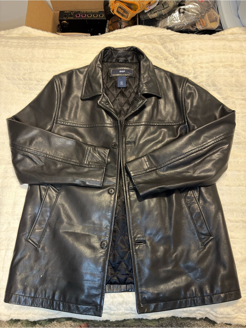 GAP Men's Black Quilted-Lined Leather Pea Coat  Vintage heavy leather jacket